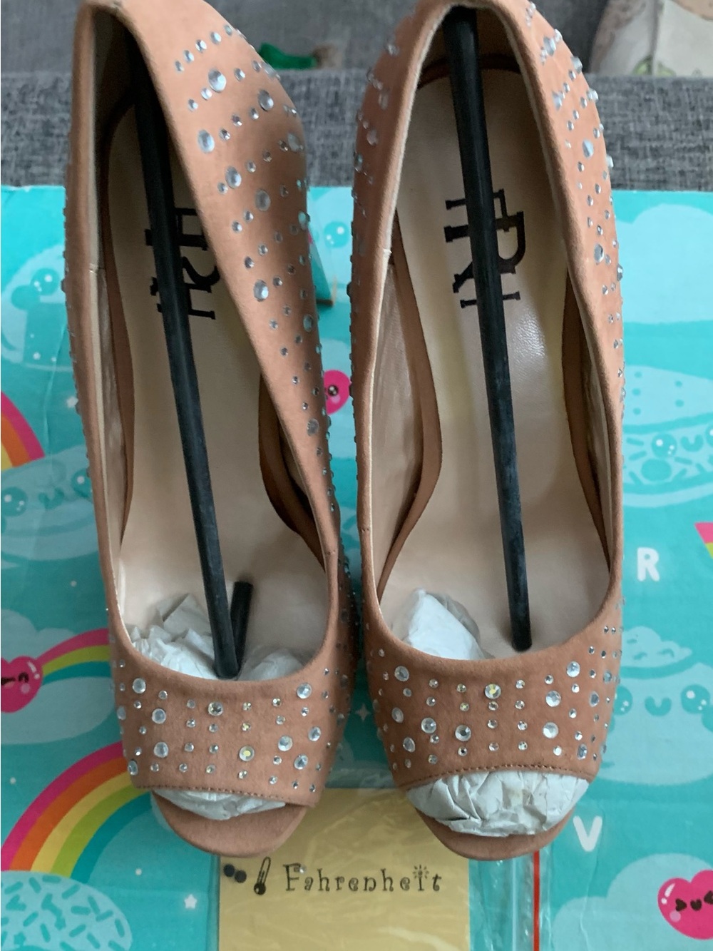 Fahrenheit Peach Suede Peep-Toe Heels with Crystal Studs
